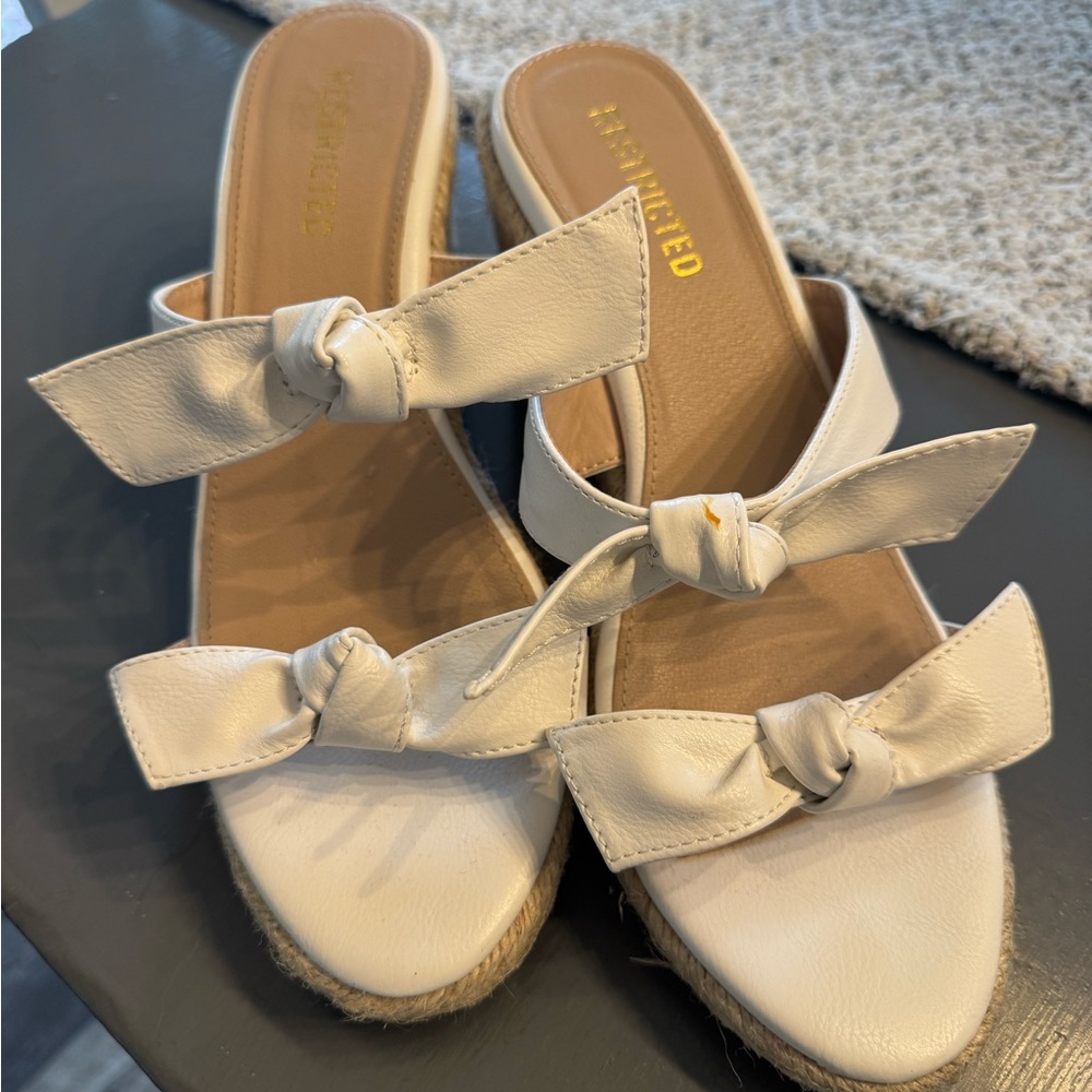 Restricted White Knotted Espadrille Wedge Slides
